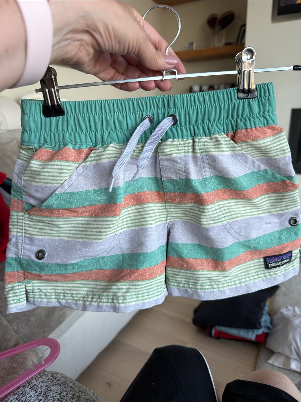 Patagonia Green, Coral & Light Gray Striped Kids Swim Shorts